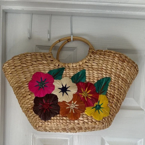 Floral Embroidered Straw Tote Bag - Picture 1 of 10